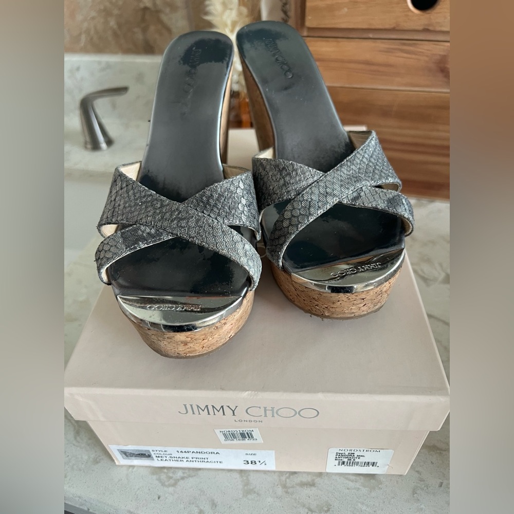 Jimmy Choo Grey Snake Print Wedge Slides - image 1